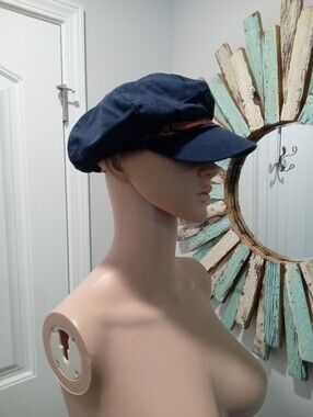 Nine West Navy Blue Newsboy Cap w/Brown Faux Leather Trim